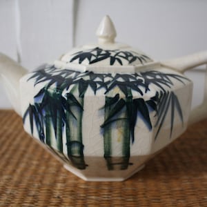 Asian teapot, bamboo painted teapot, Chinoiserie teapot, Asian decor