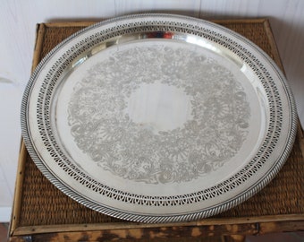 large round silver tray, silver serving tray, vintage silver tray, cocktail tray, mid century tray
