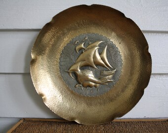 Vintage brass platter, Asian, nautical, Hollywood Regency, hammered brass