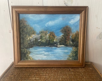 pittura vintage sul lago di montagna, pittura sul lago, paesaggio vintage, paesaggio originale, paesaggio acrilico, regalo hostess, arredamento cabina, cottage