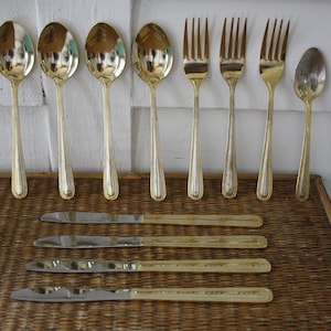 Gold flatware, 12 pieces, assorted gold flatware, Hollywood Regency flatware, Regency flatware, stainless steel gold tone flatware