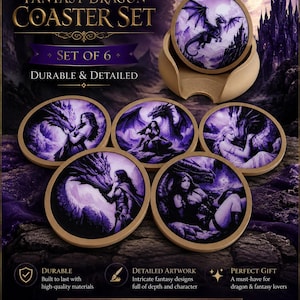 Set di sottobicchieri a forma di drago fantasy – Legno, PLA e resina – Realizzati a mano