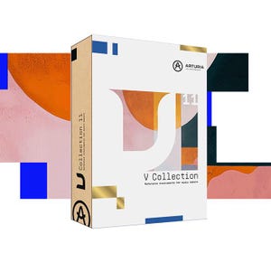 May include: A product box for Arturia V Collection 11. The box has a white background with a large stylized "V" in orange and pink. Gold accents and the Arturia logo are visible. The text "Reference Instruments for music makers" is also present.