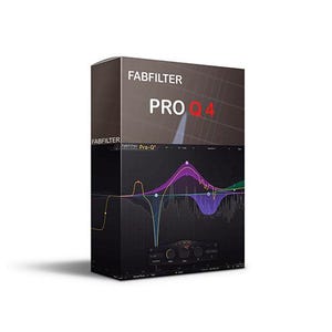 May include: A product box for FabFilter Pro-Q 4, a digital audio equalizer. The box is dark with the product name in white and red. The bottom of the box displays a graphic of the equalizer's interface with colorful waveforms.