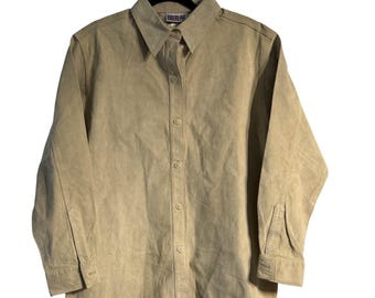 Bill Blass Leather Shirt/Jacket Mens L Tan Genuine Suede Vintage Button Up