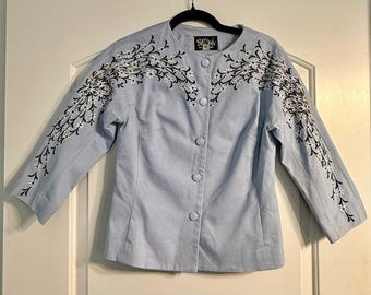 Bob Mackie Jacket Women XXS Blue Floral Embroidered Wearable Art Vintage