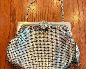 Whiting & Davis Mesh Evening Bag Women Small Silver Art Deco Rhinestone Gatsby