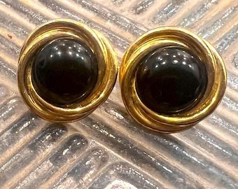 Vintage Signed TRIFARI Black Cabochon Gold Tone Pierced Earrings - 1960s