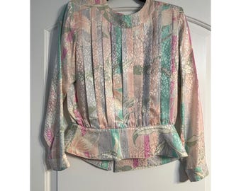 Argenti Petites Silk Blouse Womens 8 Pastel Pink Green 80s Peplum Top Retro