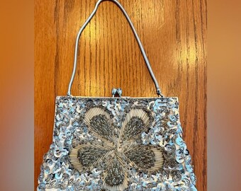 Evening Bag Women Silver Beaded Sequin Floral Vintage Glam Regencycore Wedding