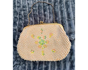 Vintage Beaded Clutch Women Small White Floral Kiss Lock Bag