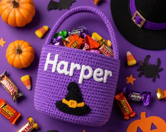 Personalized Halloween Treat Basket, Custom Crochet Candy Bag for Kids, Pumpkin Party Gift Basket