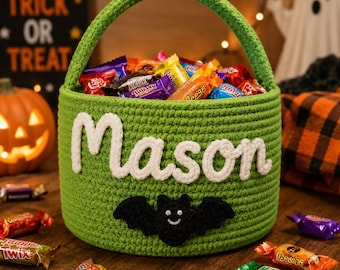 Personalized Kids Halloween Basket, Custom Name Crochet Treat Bag, Cute Candy Bucket With Patch