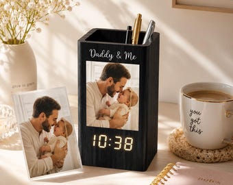 Personalized Dad Photo Pen Holder Clock, Custom Wooden Desk Organizer, Father’s Day Gift for Dad Husband