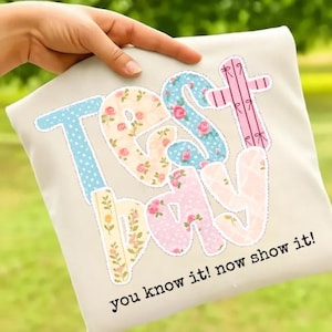 May include: A beige pillow with the words "TEST DAY" in colorful, floral-patterned letters. The text "you know it! now show it!" is printed below the main text. The pillow is held by a hand.