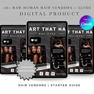 Op de afbeelding: Advertentie voor een digitaal product, een gids voor haarverkopers. De afbeelding toont tablets en telefoons met de inhoud van het product. Het ontwerp bevat tekst zoals "Art That Business" en "Direct downloaden".