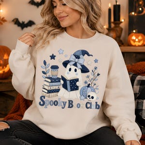Blue Patchwork Ghost Shirt | Cozy Reader Halloween Tee | Witch Hat Book Lover Sweatshirt | Coffee and Books Hoodie