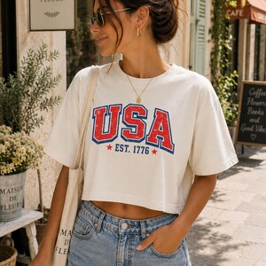 Comfort Colors Cropped Tee Fourth of July Cropped Tshirt, Patriotic Retro boxy tee,Patriotic large letter Graphic, USA Retro Shirt
