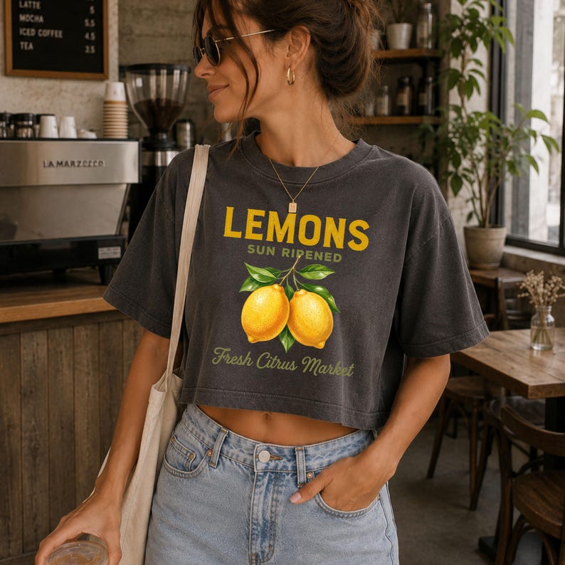 Op de afbeelding: Een antracietgrijs kort T-shirt met een afbeelding van twee gele citroenen met groene bladeren. De tekst luidt LEMONS SUN RIPENED en Fresh Citrus Market in gele en groene letters. Het T-shirt heeft korte mouwen en een ronde hals.