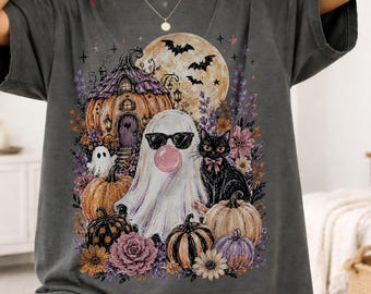 Comfort Colors schattig spook Halloween shirt, griezelig kat pompoen shirt, vintage Halloween graphic, herfst esthetisch shirt, cadeau voor vrouwen, boxy shirt