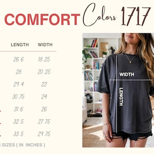 The image is a collage of a woman wearing a grey t-shirt, with a table of sizes and corresponding measurements below it.