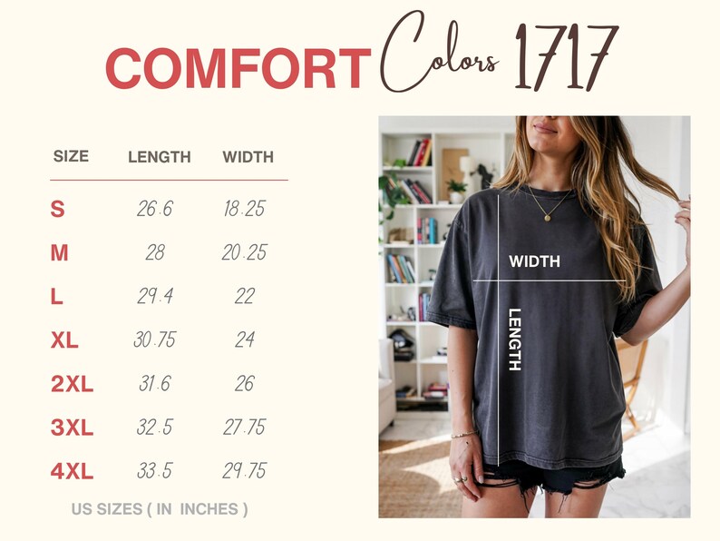 The image is a collage of a woman wearing a grey t-shirt, with a table of sizes and corresponding measurements below it.