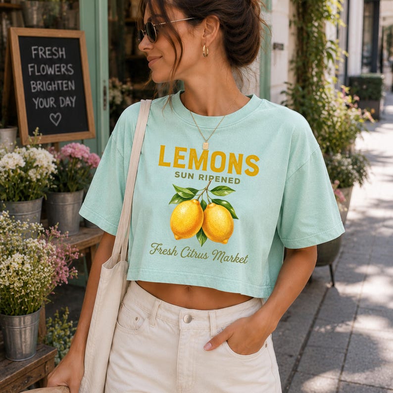 Op de afbeelding: Een licht mintgroen cropped T-shirt met een afbeelding van twee gele citroenen aan een tak met groene bladeren. De tekst LEMONS SUN RIPENED en Fresh Citrus Market staat in gele en groene letters in het midden op de voorzijde van het kledingstuk.