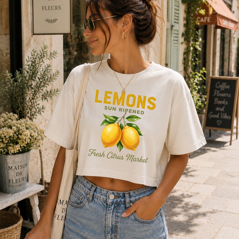 Op de afbeelding: Een cr&egrave;mekleurige crop top met korte mouwen en een afbeelding van twee gele citroenen met groene bladeren. De tekst luidt LEMONS SUN RIPENED en Fresh Citrus Market in gele en groene letters. Het shirt wordt gedragen met een lichtblauwe spijkerbroek.