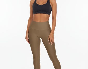 High-Waisted Olive Wood Yoga Leggings Comfortable Everyday Women's Seamless Poly-Span Tan Workout Pants XS-2XL