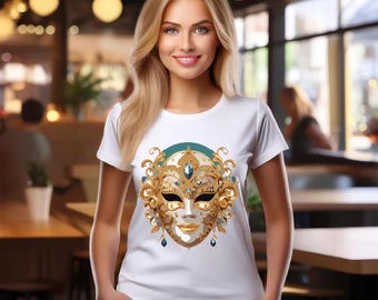 Golden Venetian Masquerade Mask Unisex Cotton T-Shirt Baroque Jewel Mask Tee 24