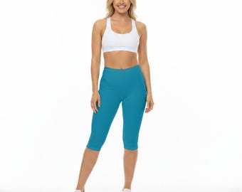 Leggings capri casuales de poliéster y gamuza cepillada para mujer, color azul Bondi, tallas XS-2XL.