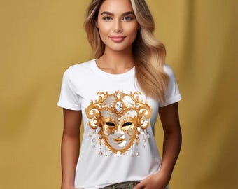 Golden Venetian Masquerade Mask Unisex Cotton T-Shirt Baroque Jewel Mask Tee 2