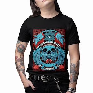 All-Seeing Skull Illustration Tee Winged Skull Third Eye Roses T-Shirt