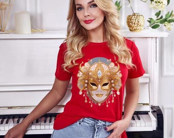 Golden Venetian Masquerade Mask Unisex Cotton T-Shirt Baroque Jewel Mask Tee 9