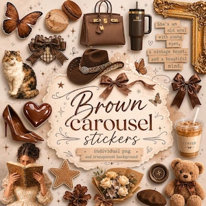 Può includere: Un collage di adesivi e illustrazioni a tema marrone. Include una borsa, un cappello da cowboy, tacchi alti, un gatto, un orsacchiotto e una tazza di caffè. Il testo recita "Brown carousel stickers" e "individual png and transparent background."