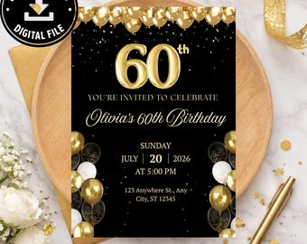 Elegant inbjudningsmall för 60-årsdag, redigerbart Canva-festkort för vuxna (digital nedladdning)