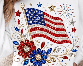 USA:s flagga, glitter, strass, blommig PNG | 250-årsjubileum, patriotisk design, 4 juli PNG (digital nedladdning)