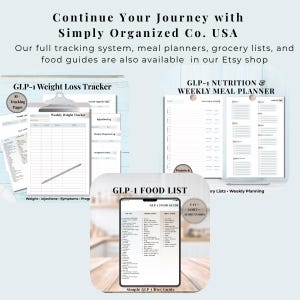 May include: A collection of printed tracking documents including a GLP-1 Weight Loss Tracker, a Weekly Meal Planner, and a GLP-1 Food List. The pages feature organized columns, checkboxes, and text headers for tracking weight, injections, and food intake.