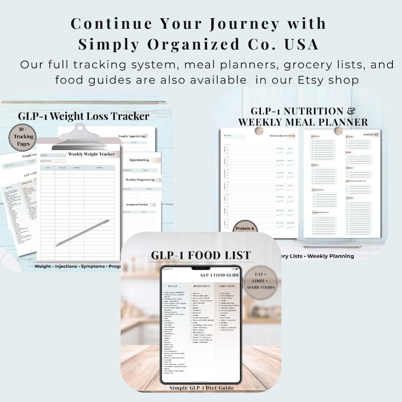 May include: A collection of printed tracking documents including a GLP-1 Weight Loss Tracker, a Weekly Meal Planner, and a GLP-1 Food List. The pages feature organized columns, checkboxes, and text headers for tracking weight, injections, and food intake.