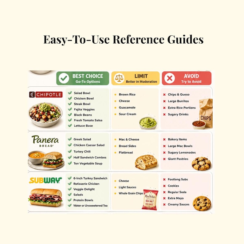 May include: An informational chart titled Easy-To-Use Reference Guides categorizing food items from Chipotle, Panera Bread, and Subway into three columns: Best Choice with green checkmarks, Limit with yellow scales, and Avoid with red X marks.