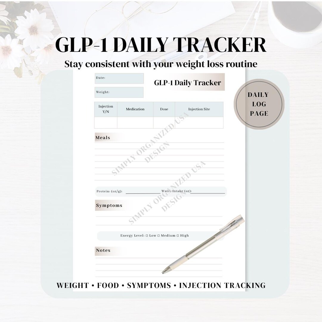 GLP1 Daily Tracker Printable Weight Loss Injection Log Food and Symptom ...