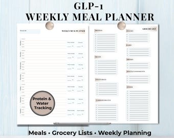 GLP1 Meal Planner with Grocery List Printable Template, 7 Day Menu Plan, Food Planner, Health & Fitness Meal Prep, Weekly Diet Planner PDF