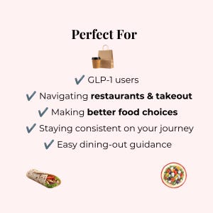 May include: A light pink informational graphic with the text Perfect For, a brown paper bag and coffee cup, and a list of check-marked items: GLP-1 users, Navigating restaurants & takeout, Making better food choices, Staying consistent on your journey, Easy dining-out guidance. Includes a wrap and a salad.