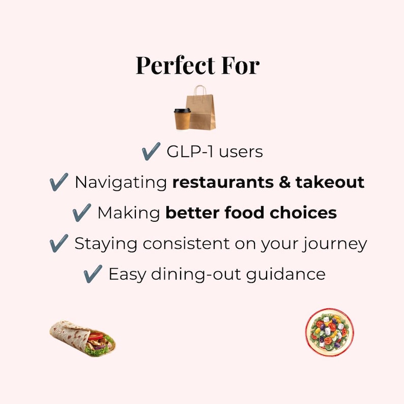 May include: A light pink informational graphic with the text Perfect For, a brown paper bag and coffee cup, and a list of check-marked items: GLP-1 users, Navigating restaurants & takeout, Making better food choices, Staying consistent on your journey, Easy dining-out guidance. Includes a wrap and a salad.