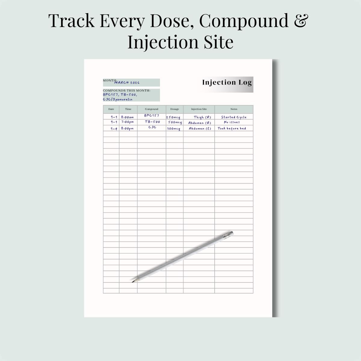 Peptide Injection Log Peptide Planner & Cycle Tracker Printable | Measurements, Symptoms ...