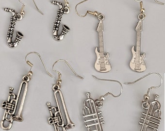 Set of 4 pairs of Silver Dangle Music Pierced Earrings: Trumpet Electric Guitar Trombone Saxophone Jazz