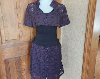 Women's 2 piece upcycled outfit Purple Lace Button Mimi Skirt and Capelet sz M