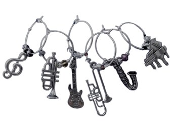 Wine Charm/Markers Set~ Music Themed~ Grand Piano, G-clef, Trombone, Sax, Trumpet, Guitar