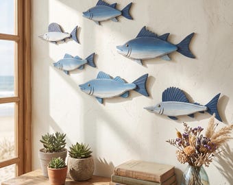 魚群の壁飾り、Google Eyes、気まぐれな魚、民芸品の魚、木製の魚の