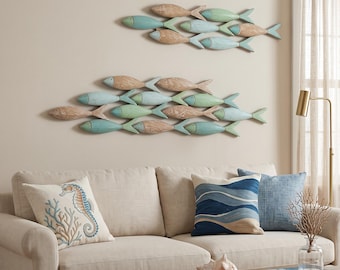 Cuadro de pared de peces de madera, decoración costera de bancos de peces, estilo náutico mediterráneo vintage, escultura de pared colgante con temática oceánica para casa de playa.